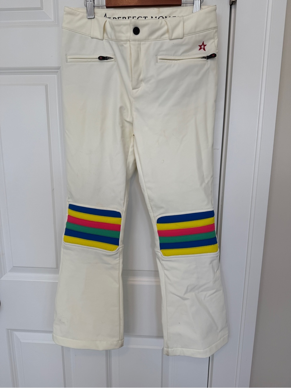 Perfect Moment Kids Cream Snow Pants with Rainbow Knee Stripes